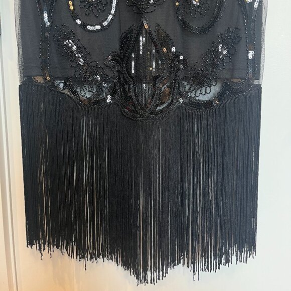 1920s Style Black Beaded & Sequin Margaux Sleeved Fringe Dress - Picture 8 of 8